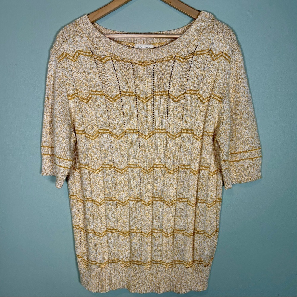 Böhme Short Sleeve Cable Knit Crew Neck Sweater-Butter Yellow-Cotton-Women Large